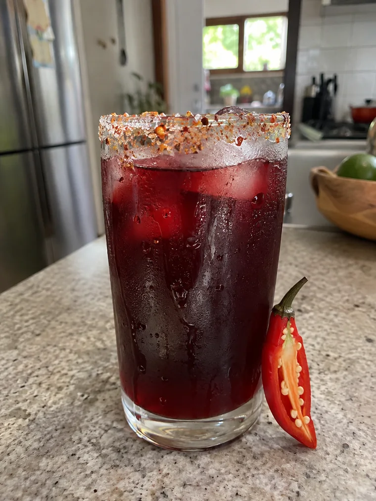 Copo de suco vermelho com a borda de pimenta