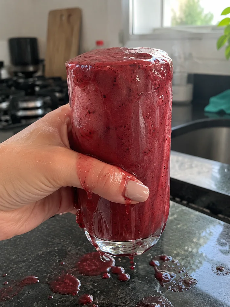 Suco vermelho transbordando do copo e escorrendo pelos dedos
